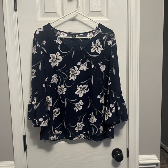 Tops - Como Black 100% Polyester Long Sleeve Navy Blue w/ White Flowers Blouse Large